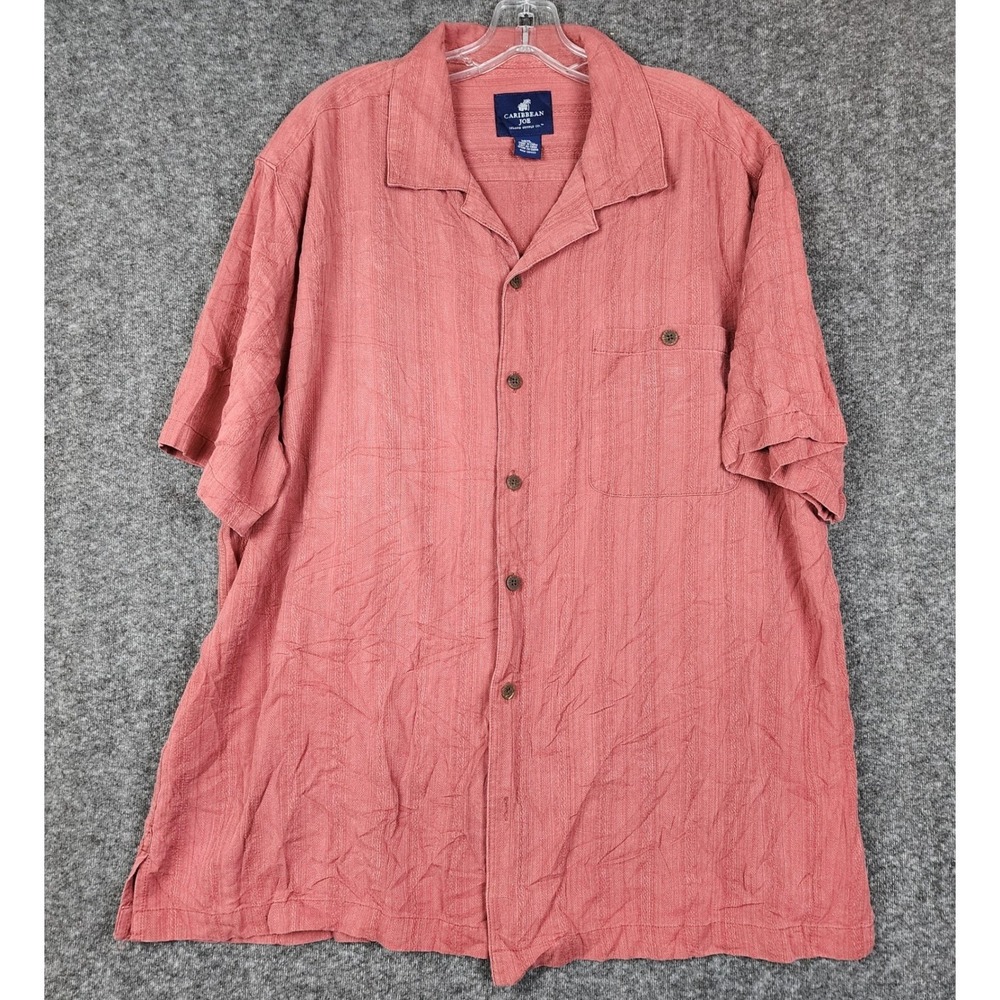 Caribbean Joe Silk Camp Shirt Mens XXL Red Herringbone Textured Short Sleeve